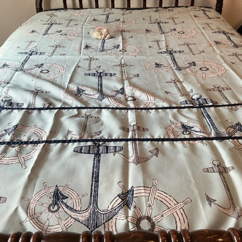 Nautical Anchor Ship Wheel Shower Curtain Set Seafoam Green Navy Blue with Hooks